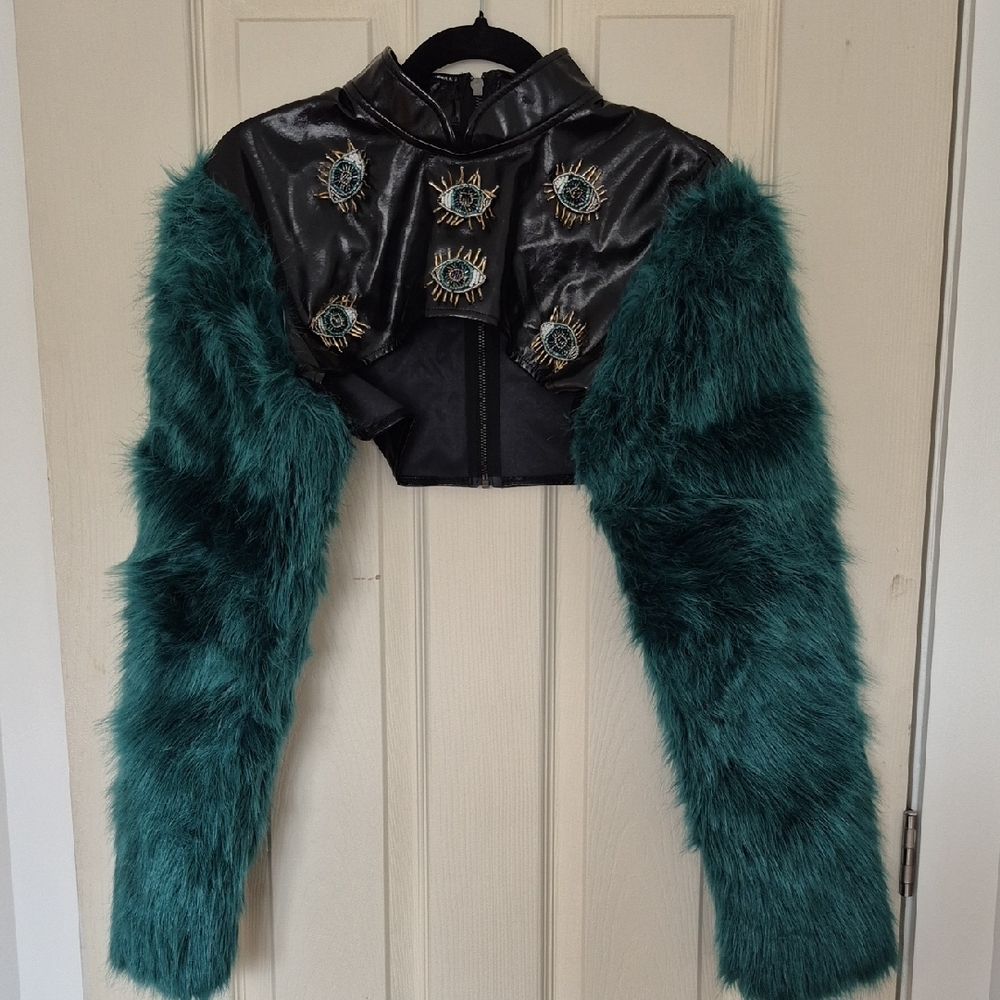 Faux Fur Jacket with Beaded Eye Design